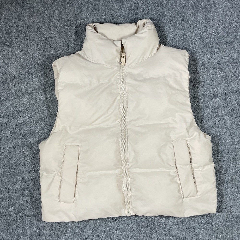 Zara Puffer Vest Women Small Cream Sleeveless Quilted Zip Up High Neck Pocket